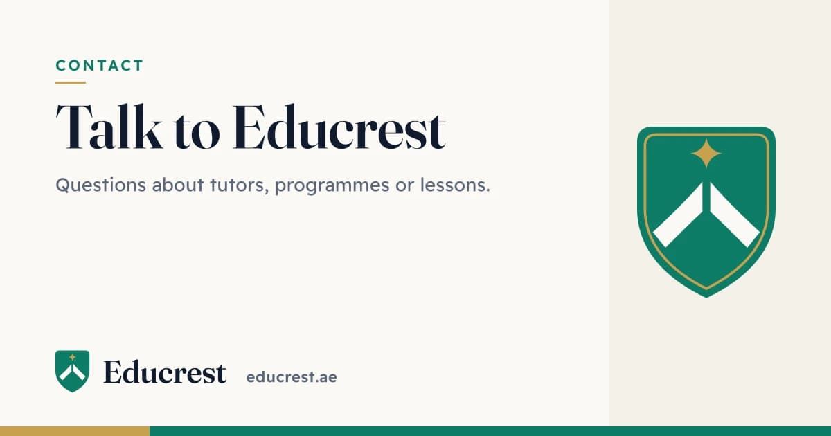 The Educrest crest beside the words: Talk to Educrest. Questions about tutors, programmes or lessons.